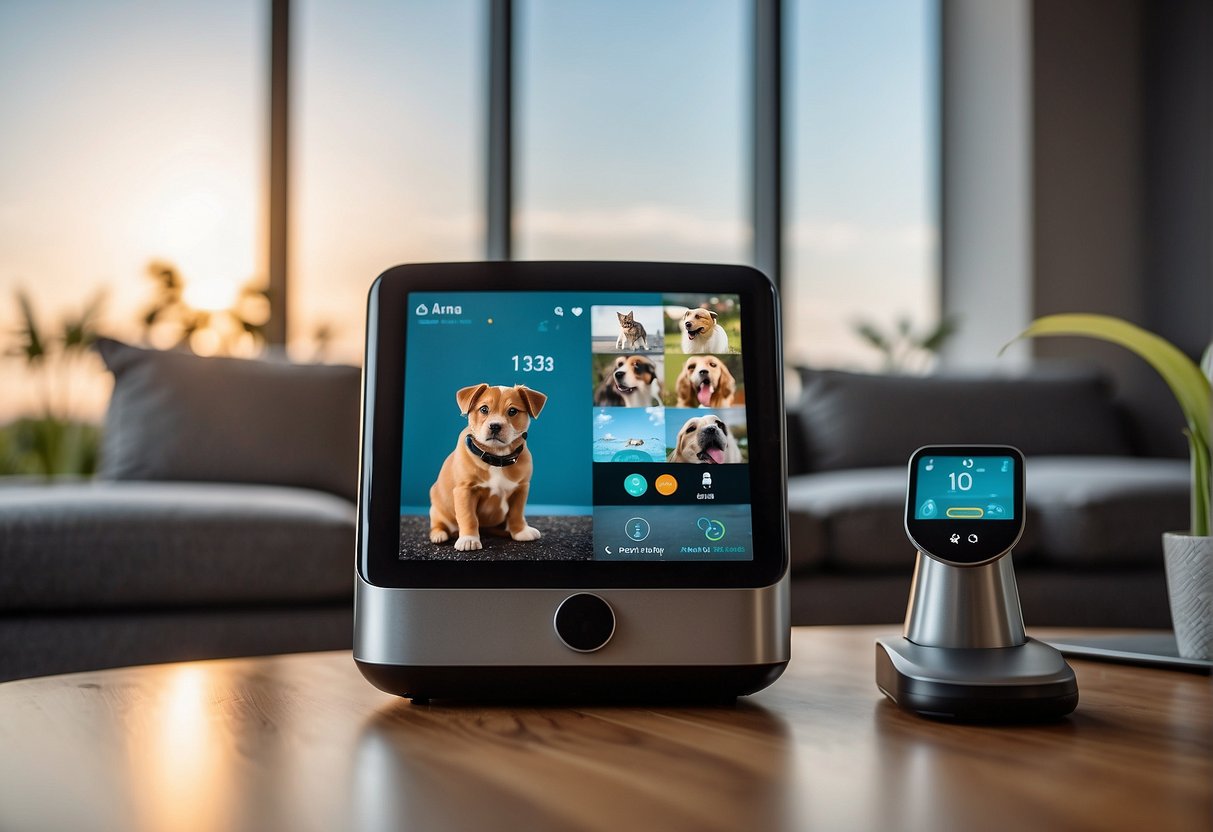 A variety of IoT devices are shown monitoring and caring for pets, including smart feeders, activity trackers, and health monitors