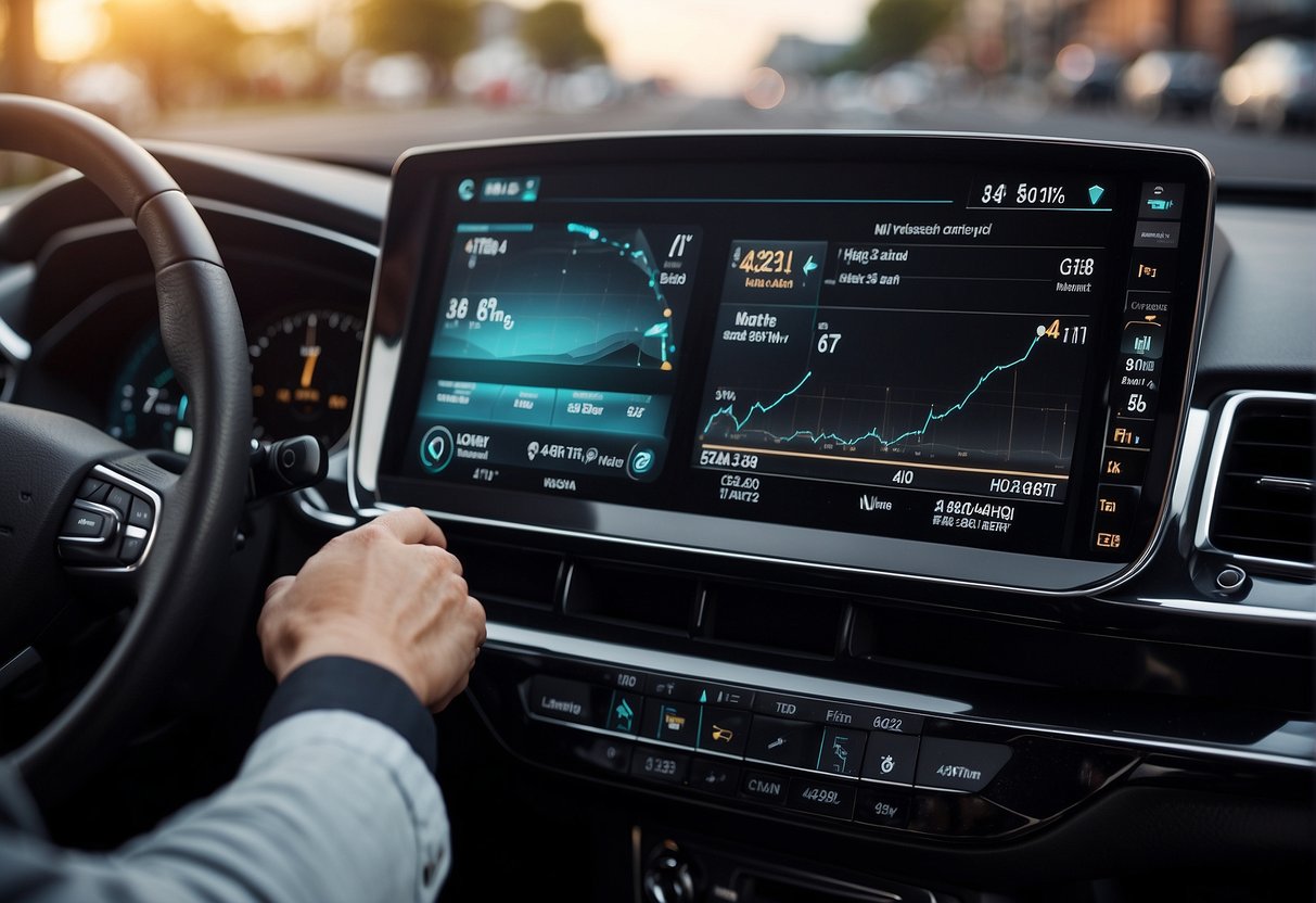 A car dashboard displays an augmented reality interface, blending digital navigation and safety alerts seamlessly into the driver's view