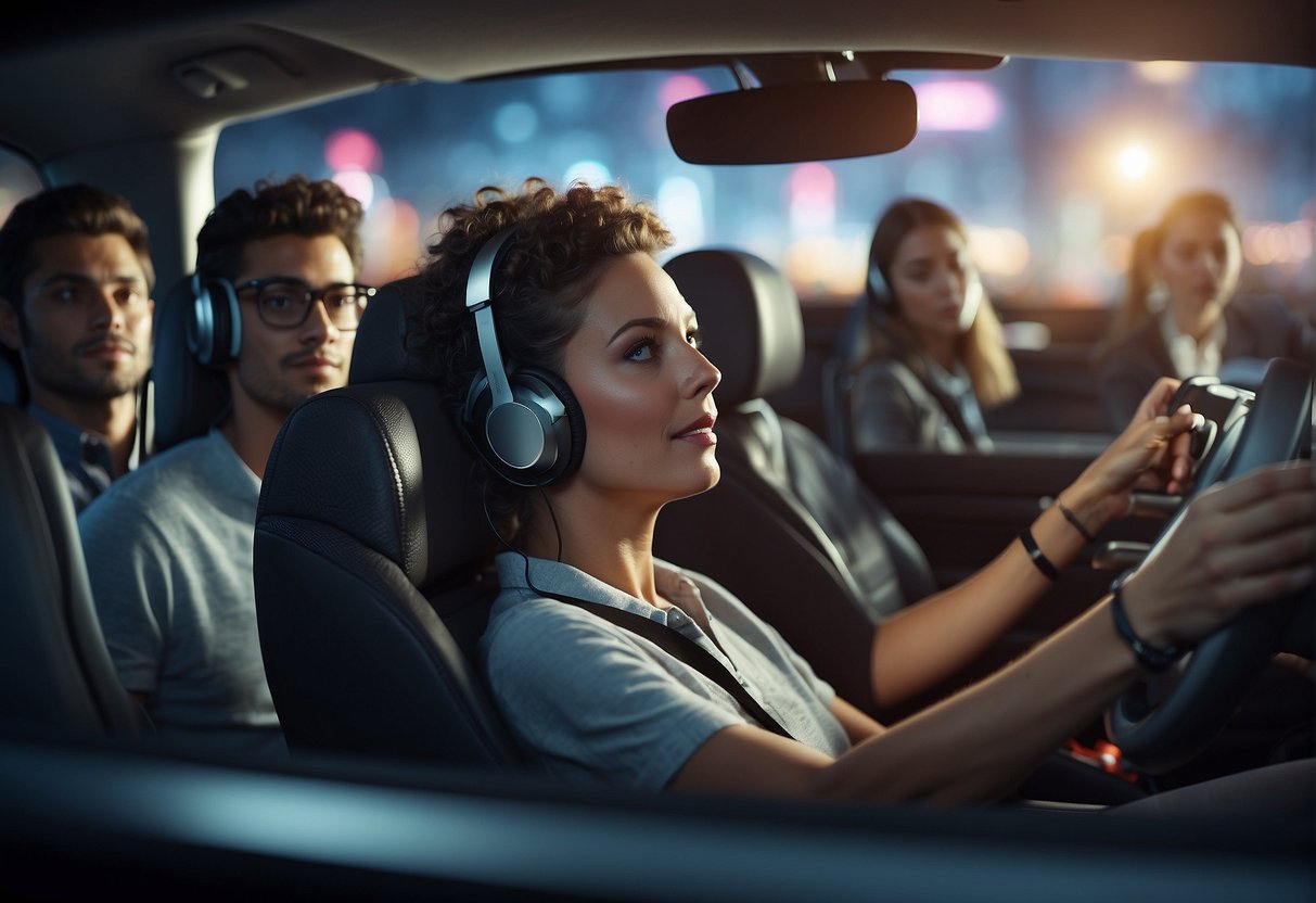 Passengers in a car wearing AR headsets, interacting with virtual objects and environments, while the car's interior is transformed into a dynamic entertainment space