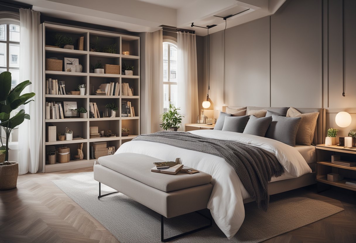 A cozy bedroom with a large, comfortable bed, soft lighting, and neutral color palette. A bookshelf and desk provide functional storage and workspace