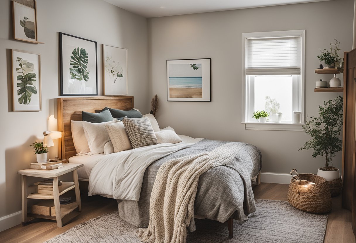 A cozy small bedroom with a twin bed, a nightstand, a lamp, and a bookshelf. The walls are adorned with framed artwork, and a window lets in soft natural light