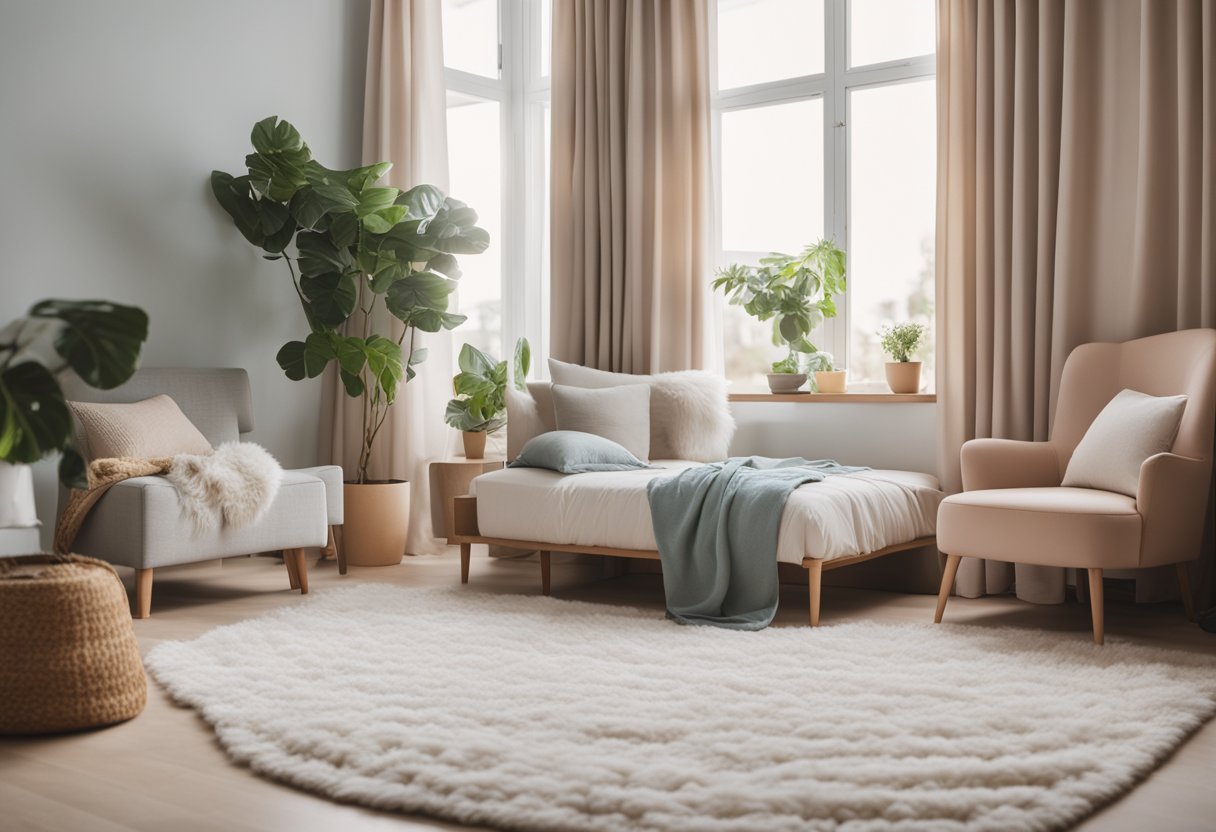 A cozy bedroom with matching furniture, soft pastel colors, and nature-inspired decor. A large, plush rug anchors the room, while delicate curtains frame the windows