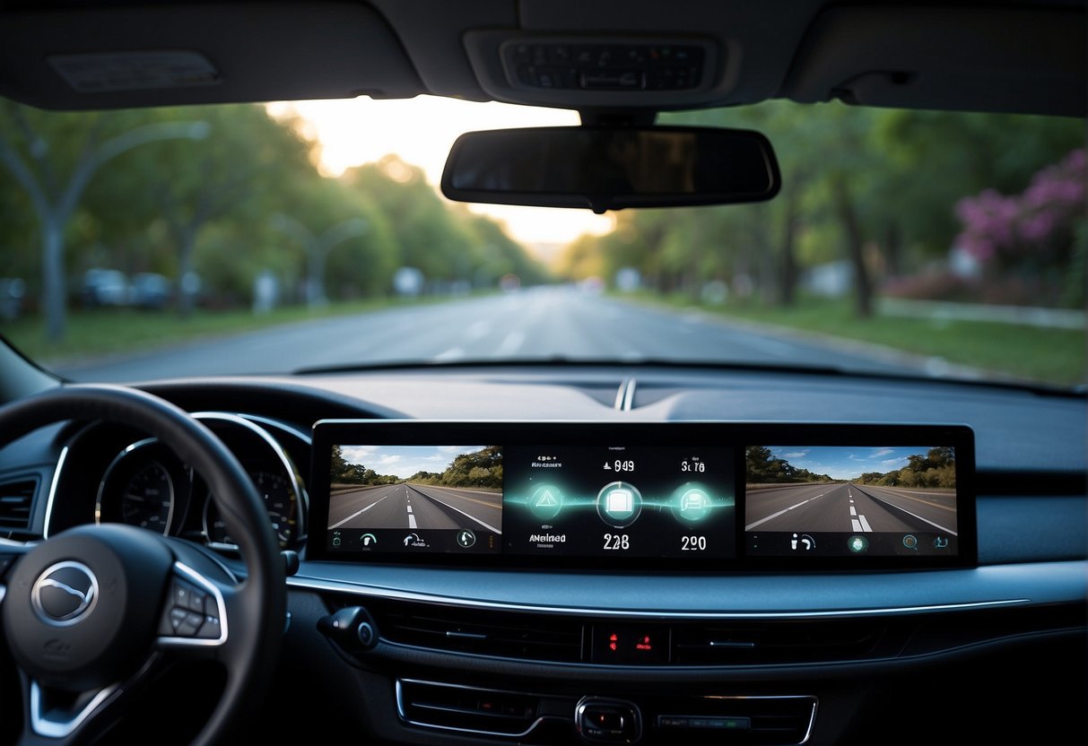 An augmented reality interface displayed on a car dashboard, seamlessly integrating with the surrounding environment, providing interactive entertainment options