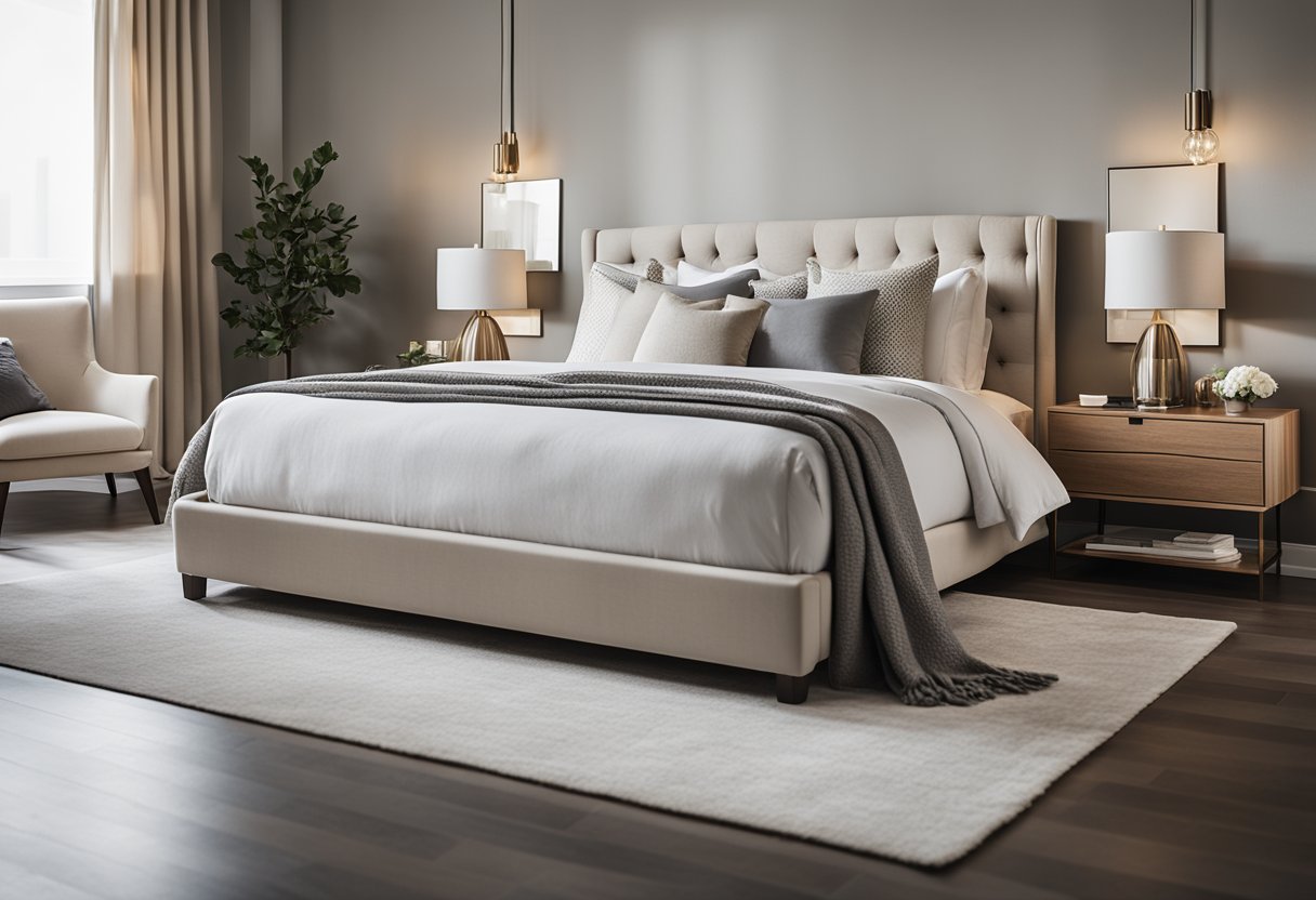 A spacious, well-lit bedroom with a cozy, upholstered bed, soft, neutral-colored bedding, and elegant, modern furniture. Subtle pops of color and texture add visual interest