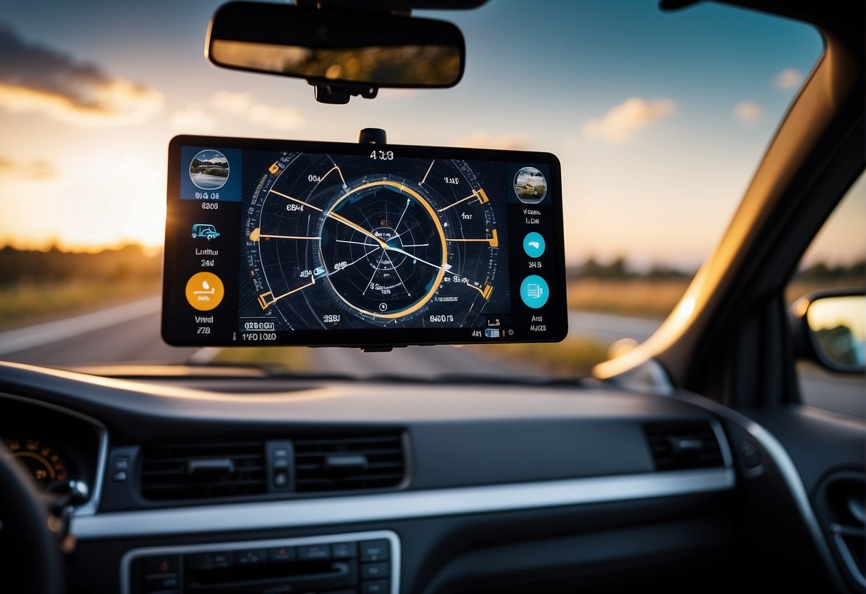 An AR display in a car shows navigation, entertainment, and information overlaid on the windshield, enhancing the driving experience