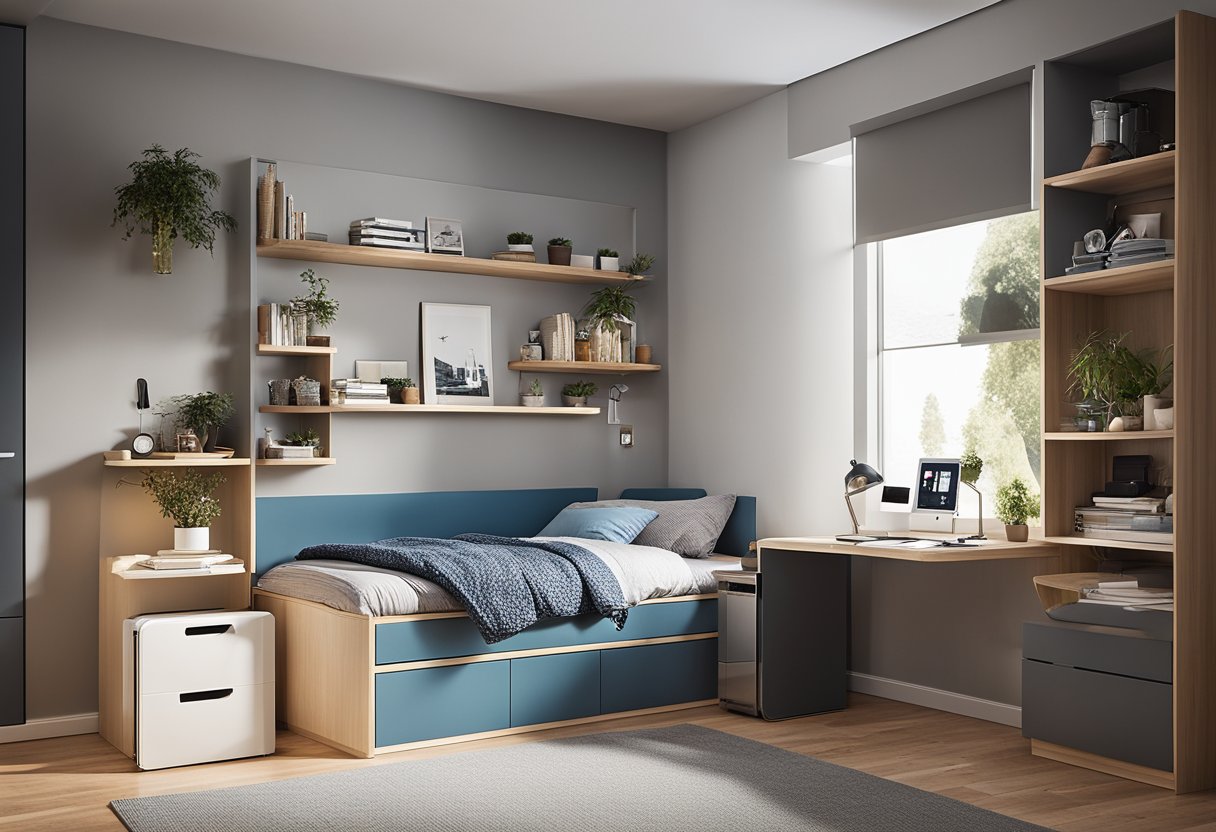 A small bedroom with a raised bed to create storage space underneath. A wall-mounted desk and shelves maximize floor space
