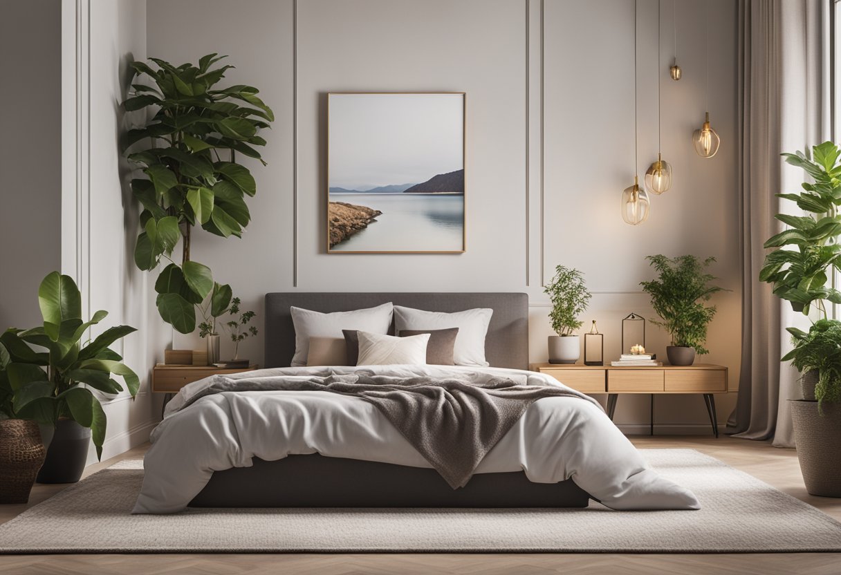 A cozy bedroom with a plush rug, throw pillows, and potted plants. A stylish bedside lamp and decorative wall art complete the look