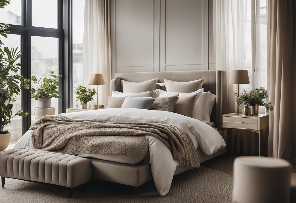 A cozy bedroom with a neutral color palette, a plush bed with layered bedding, a large window with sheer curtains, and a stylish nightstand with a lamp
