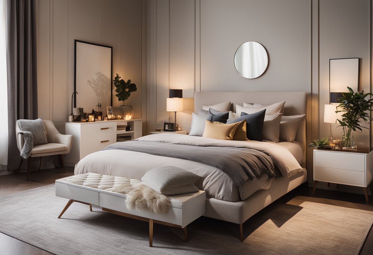 A cozy bedroom with a large bed, soft pillows, and warm lighting. A modern dresser and a stylish rug complete the design