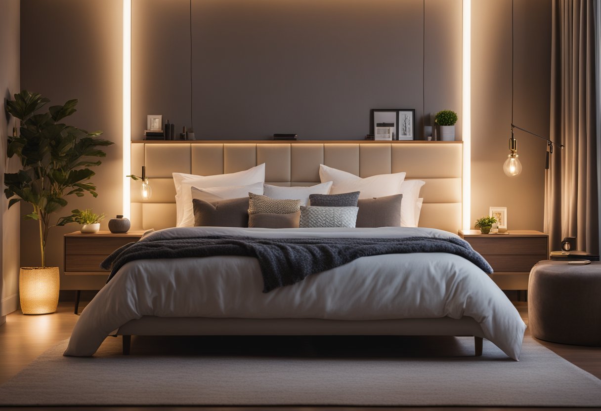 A cozy bedroom with warm, soft lighting from bedside lamps and a dimmable overhead fixture. The light creates a relaxing ambiance while still providing enough brightness for reading or getting ready for bed