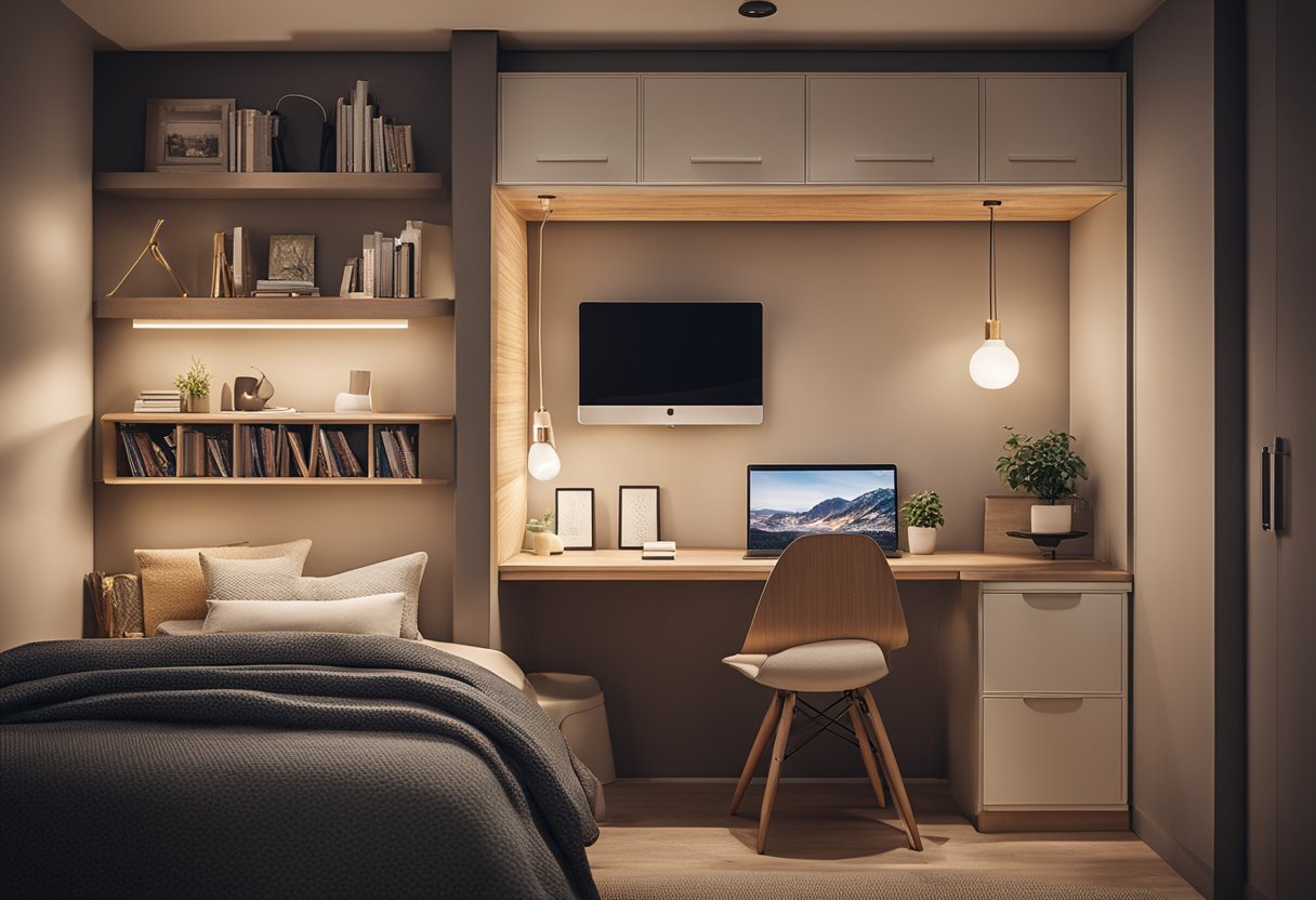 A cozy small bedroom with a space-saving loft bed, a built-in desk, and clever storage solutions. Warm lighting and soft textiles create a welcoming atmosphere