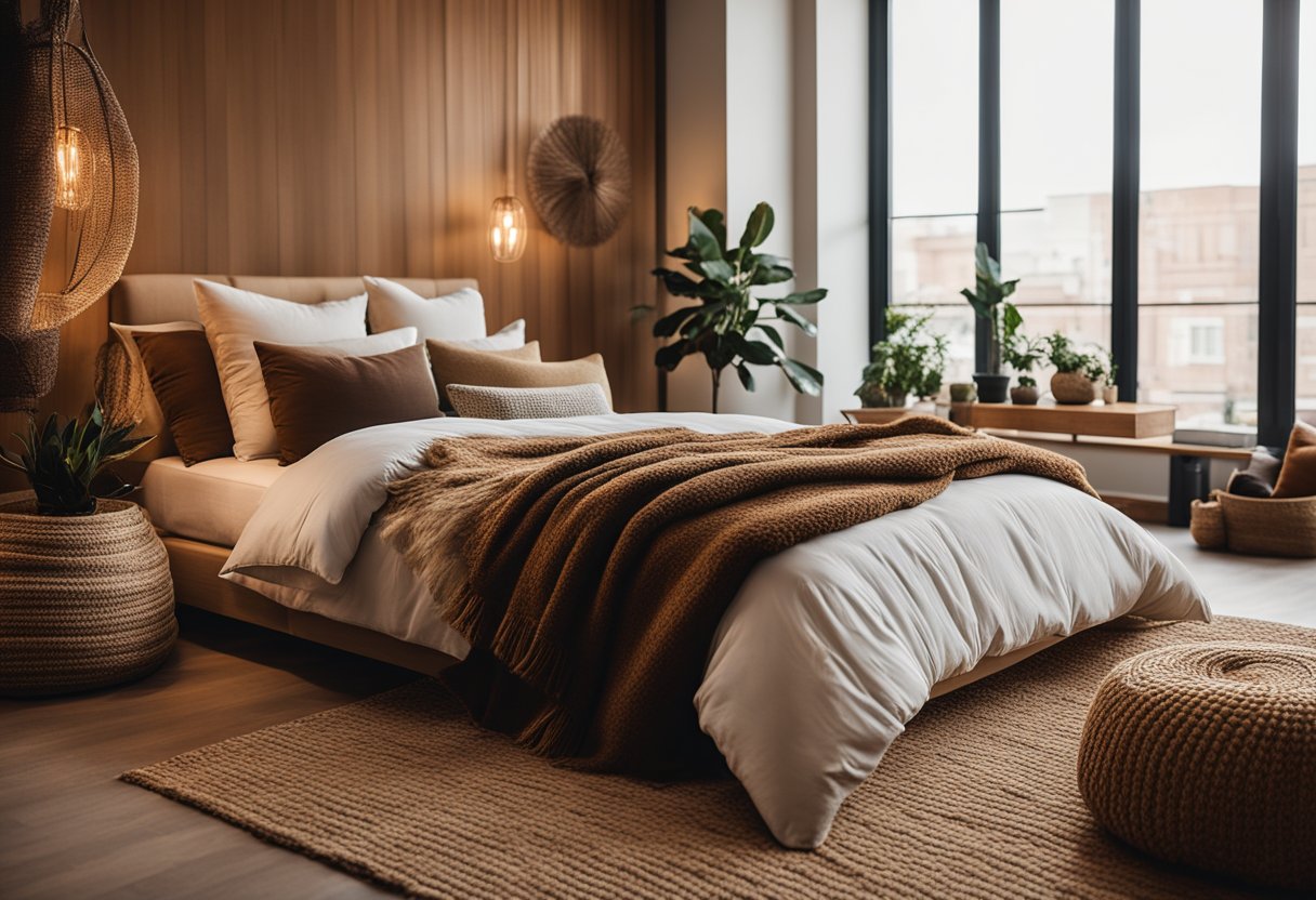 A cozy bedroom with warm earthy tones, featuring a mix of textures like plush velvet pillows, chunky knit throw blankets, and a woven jute rug