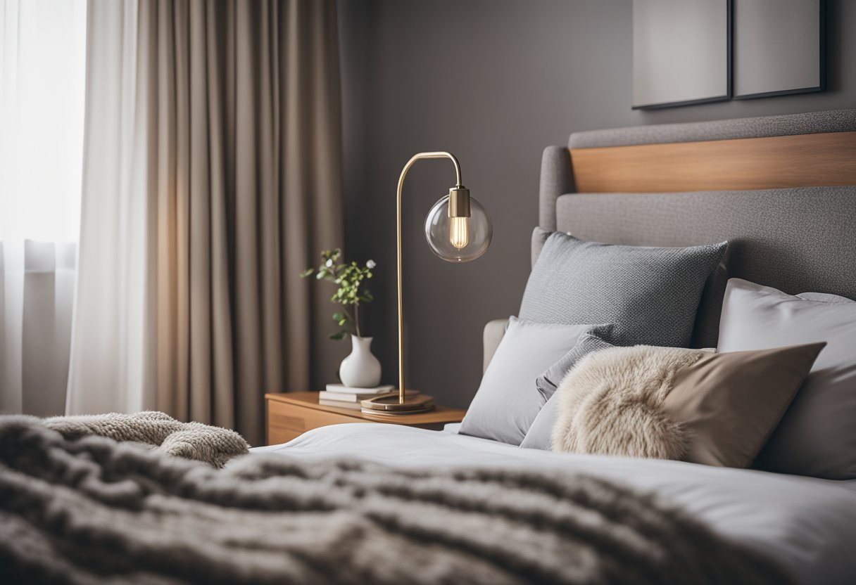 A cozy bed with soft, fluffy pillows, a sleek nightstand with a modern lamp, and a comfortable reading chair in a small bedroom