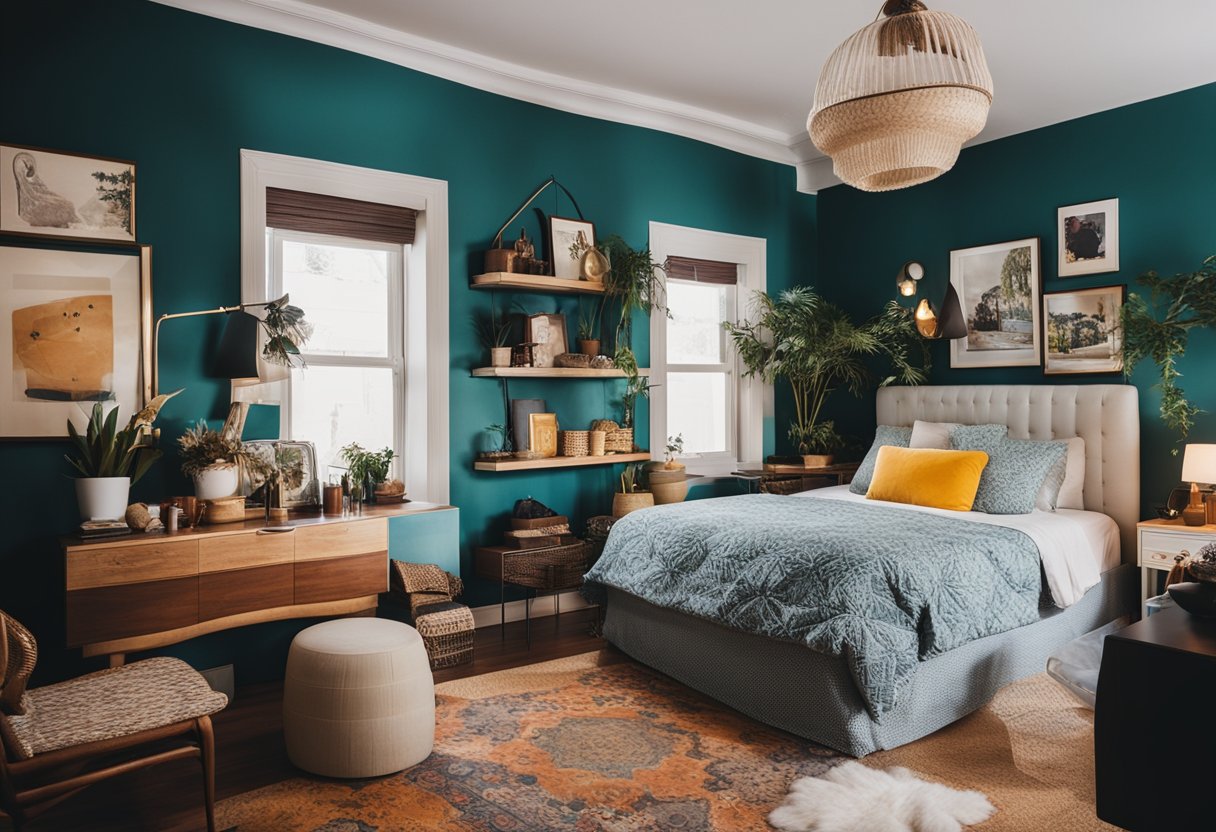 A cozy bedroom with vibrant colors and eclectic decor, featuring a mix of vintage and modern furniture, unique artwork, and quirky accessories