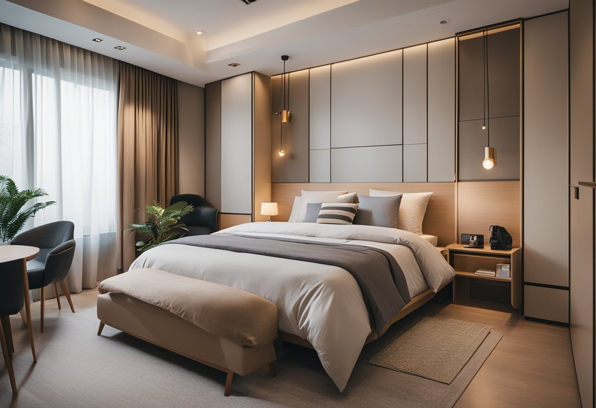 A cozy HDB bedroom with a neutral color palette, a large comfortable bed, and built-in storage solutions