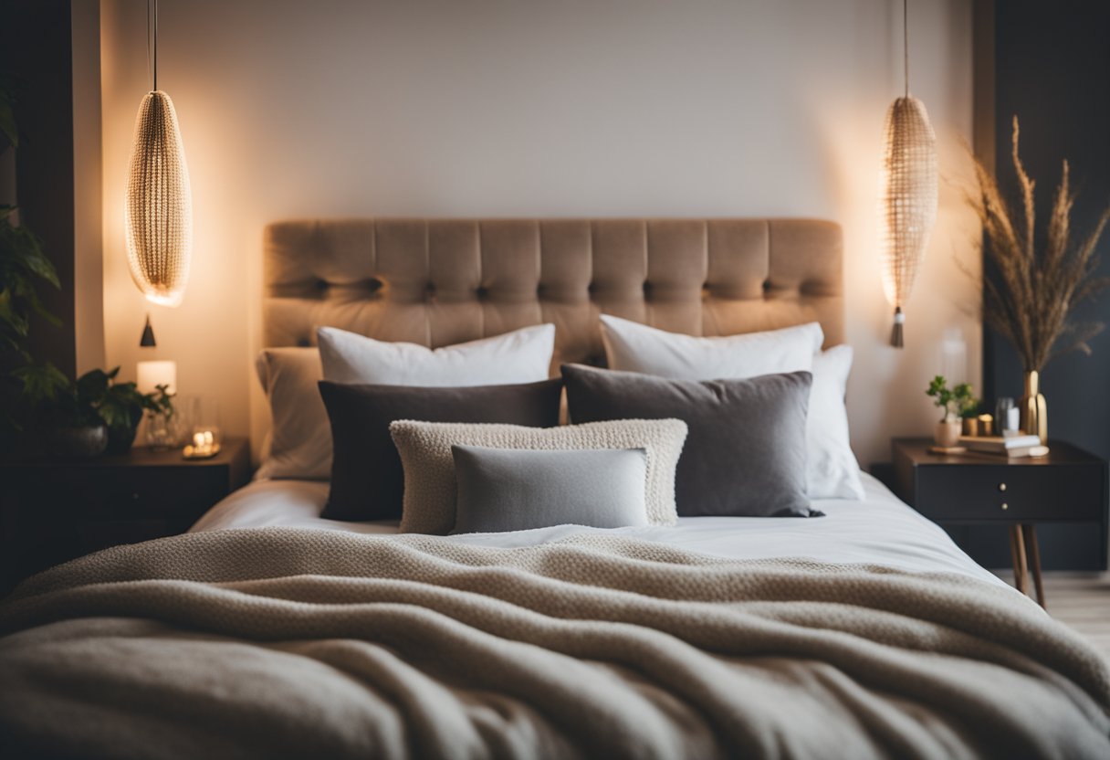 A cozy bedroom with warm, soft lighting and a serene atmosphere. A comfortable bed with plush pillows and a soft throw blanket. Subtle decor and natural elements create a peaceful retreat