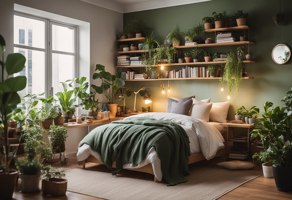 A cozy, cluttered bedroom with a small bed, a tiny desk, and a bookshelf filled with books. A window lets in soft light, and plants add a touch of greenery to the space