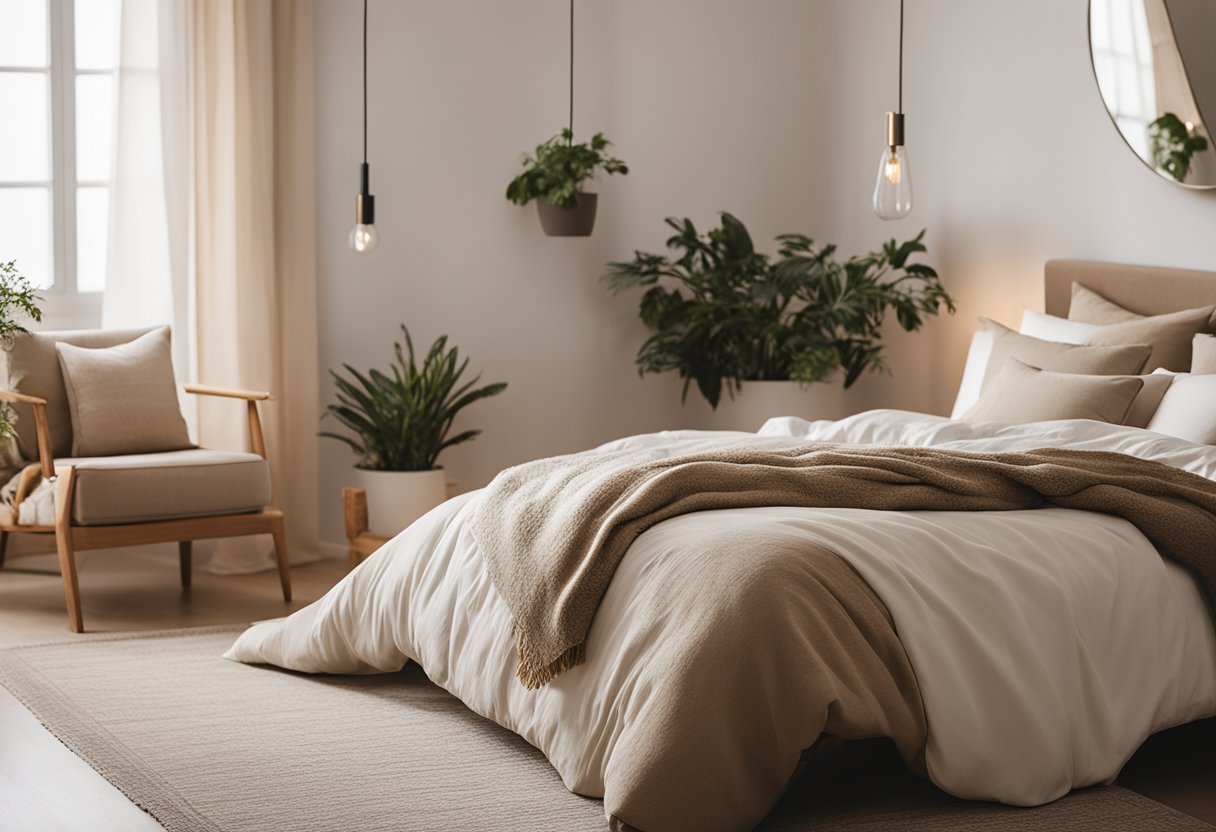 A cozy bedroom with neutral tones, natural textures, and minimalist decor. A large, comfortable bed with soft, layered bedding. A warm, inviting atmosphere with soft lighting and potted plants