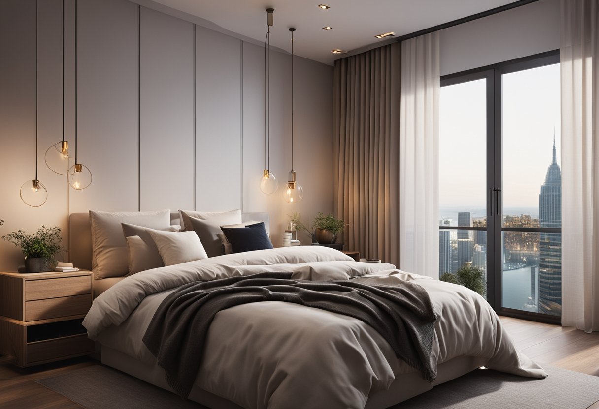 A cozy bedroom with a modern, minimalist design featuring a comfortable bed with soft, stylish bedding, sleek furniture, and warm lighting