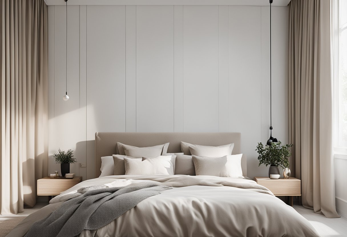 A cozy, minimalist bedroom with neutral tones, natural light, and modern furniture. A large, plush bed with crisp, white linens is the focal point, surrounded by clean lines and simple decor
