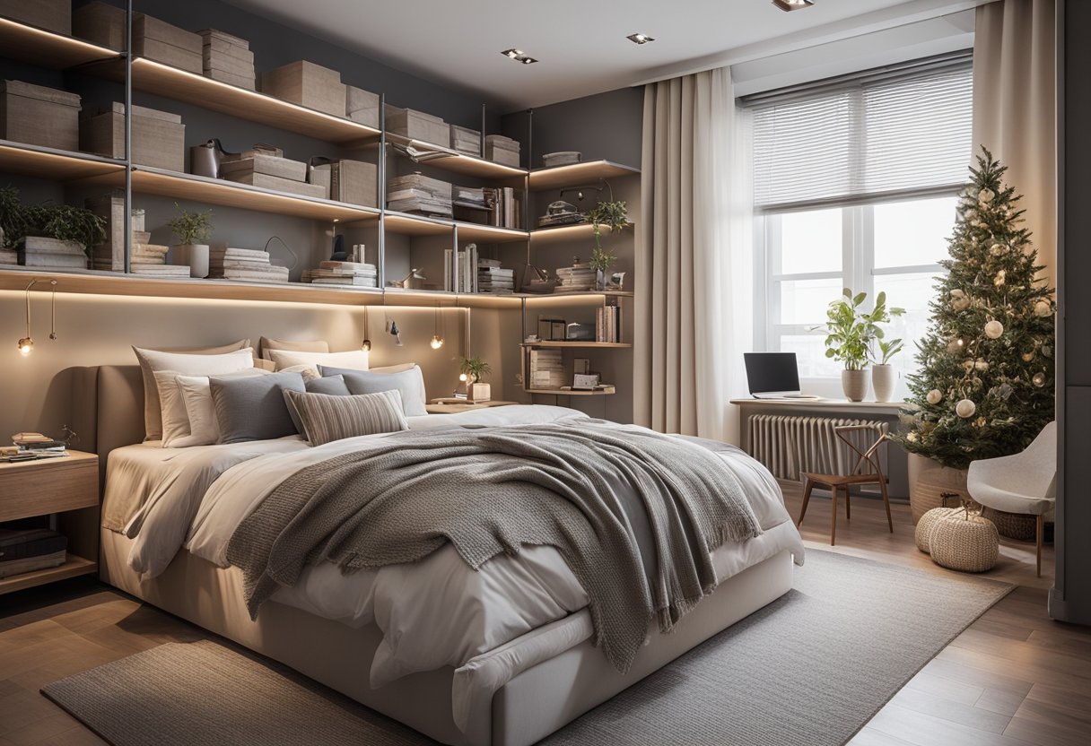 A cozy bedroom with a neatly organized closet, a stylish bed with functional storage underneath, and decorative shelves displaying books and personal items