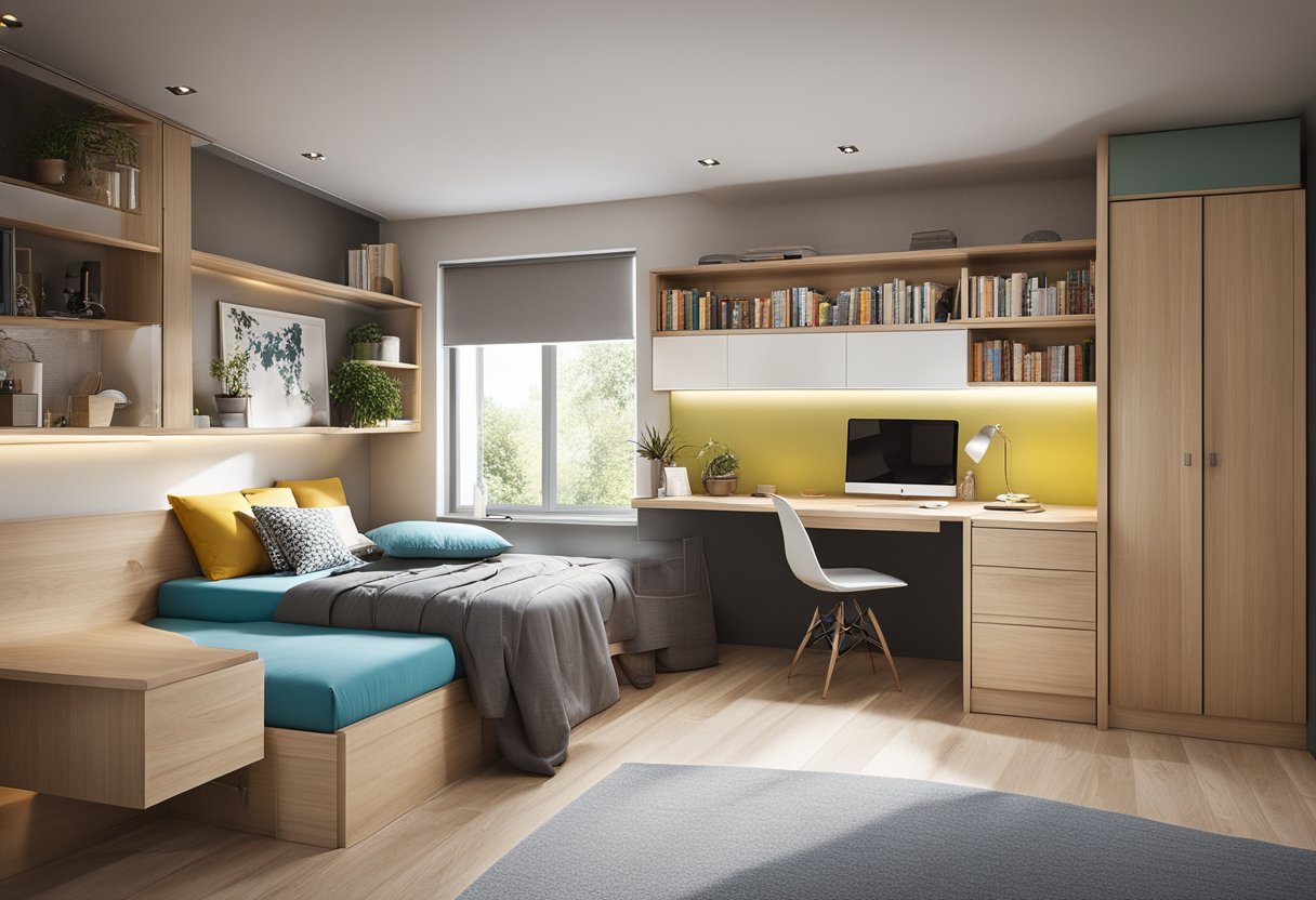 A small bedroom with a loft bed, built-in storage, and fold-down desk. Bright colors and natural light create a sense of spaciousness
