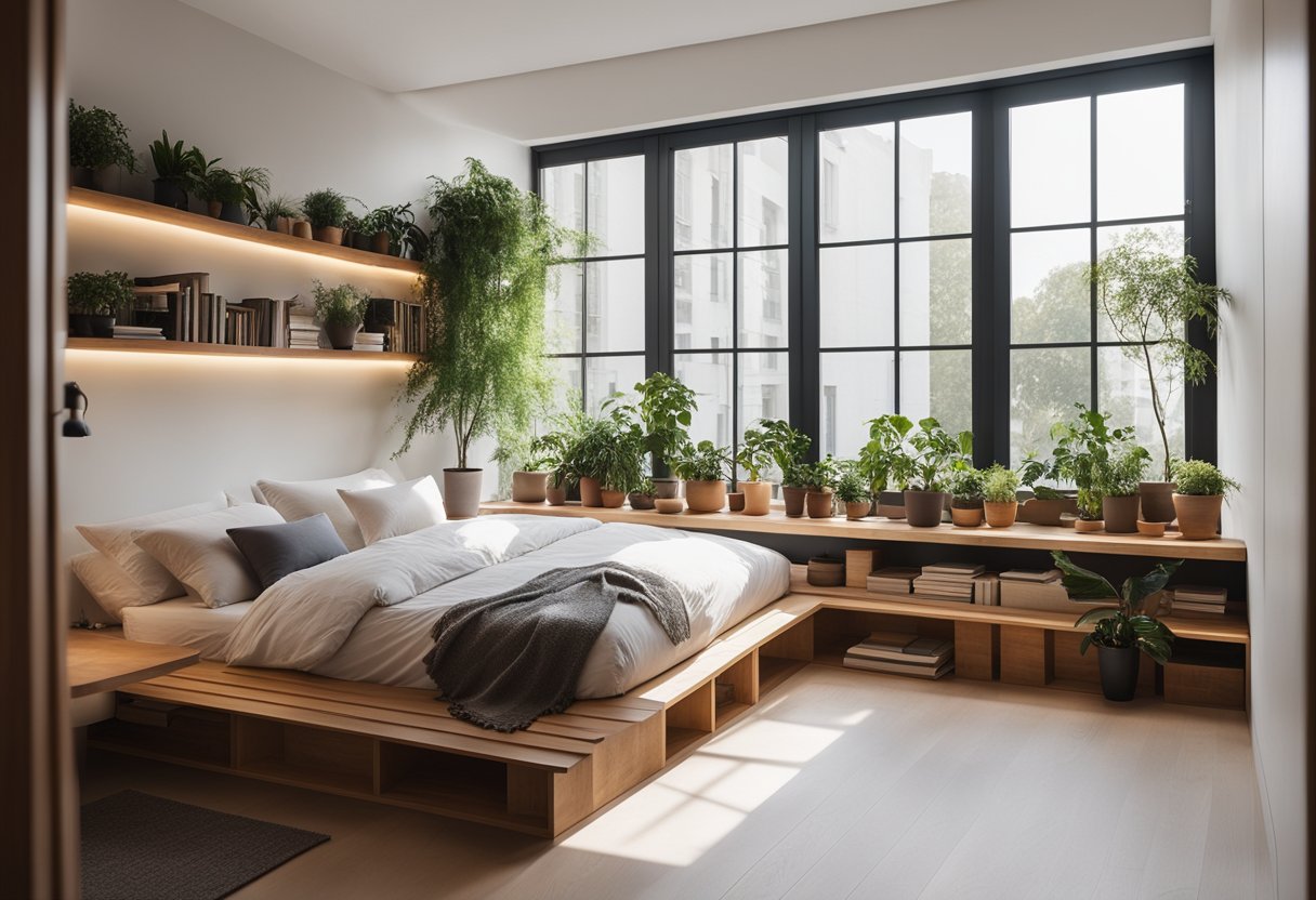 A cozy bedroom with a built-in platform bed, minimalist decor, and soft lighting. A wall-mounted shelf holds books and plants, while a large window lets in natural light