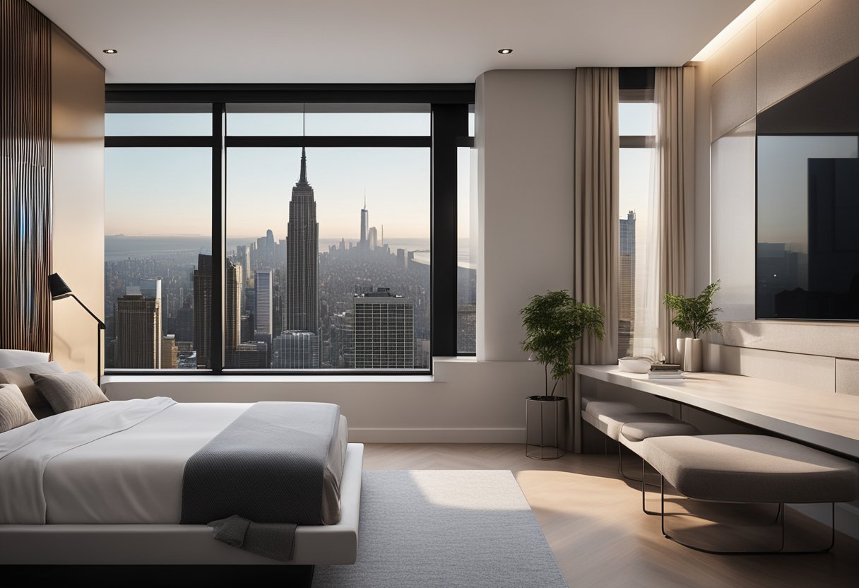 A modern bedroom with geometric wall panels, a sleek platform bed, and a large window with a city view. A minimalist color palette and metallic accents complete the design