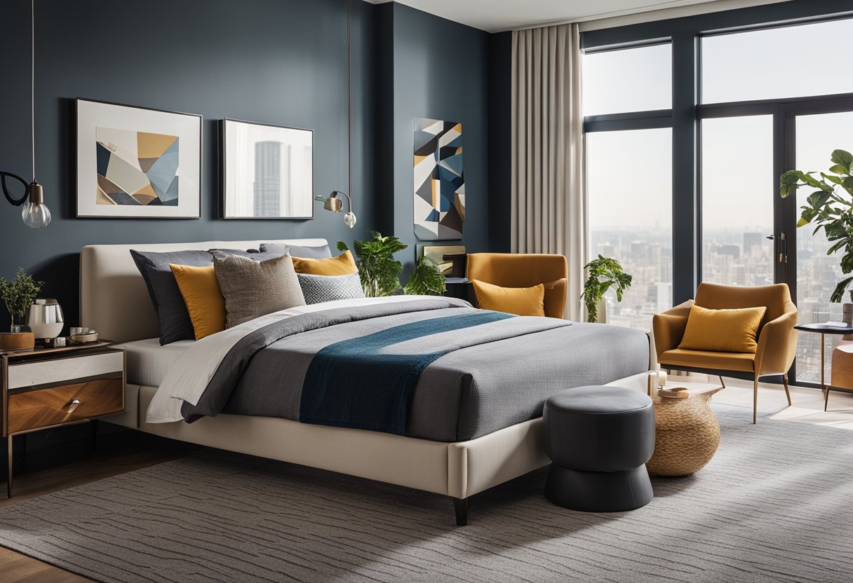 A modern bedroom with sleek furniture, bold colors, and geometric patterns. A large window lets in natural light, highlighting the clean lines and minimalistic decor