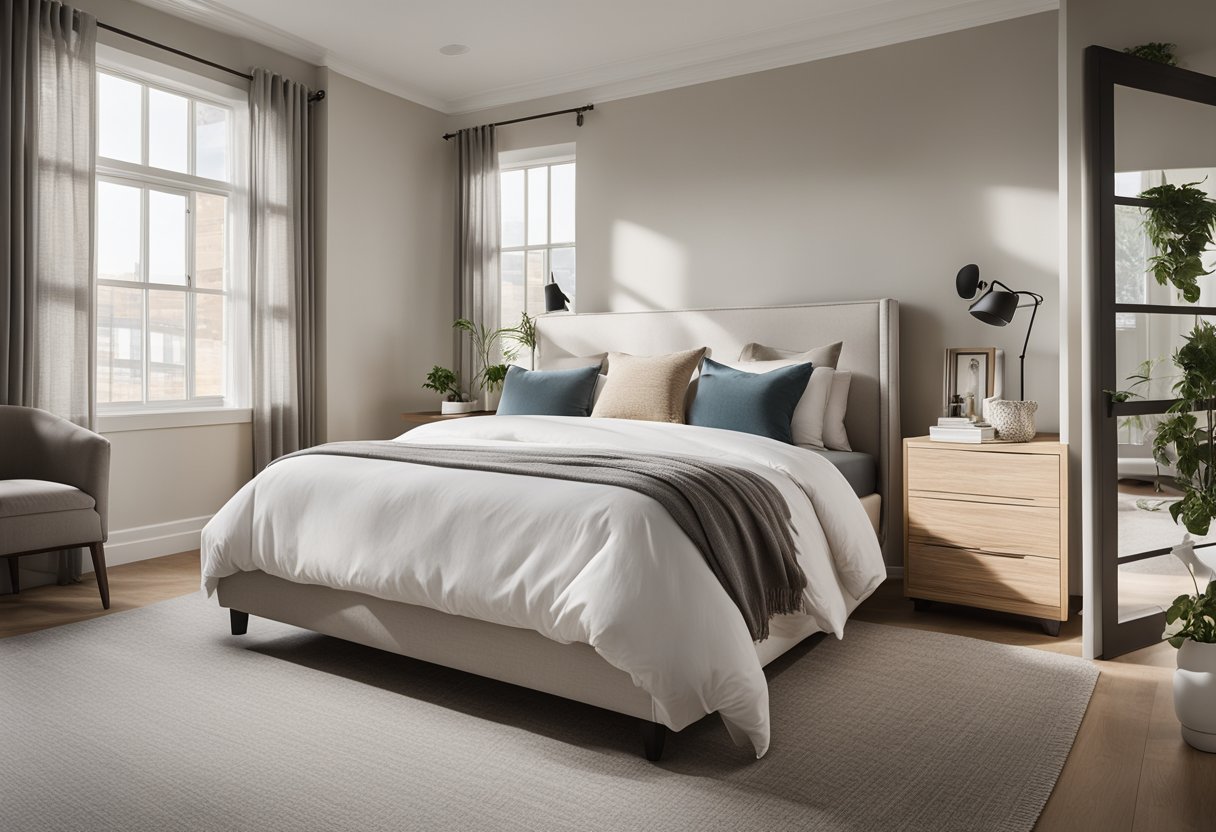A large, uncluttered bedroom with minimal furniture, neutral colors, and ample natural light streaming in through large windows, creating a sense of spaciousness