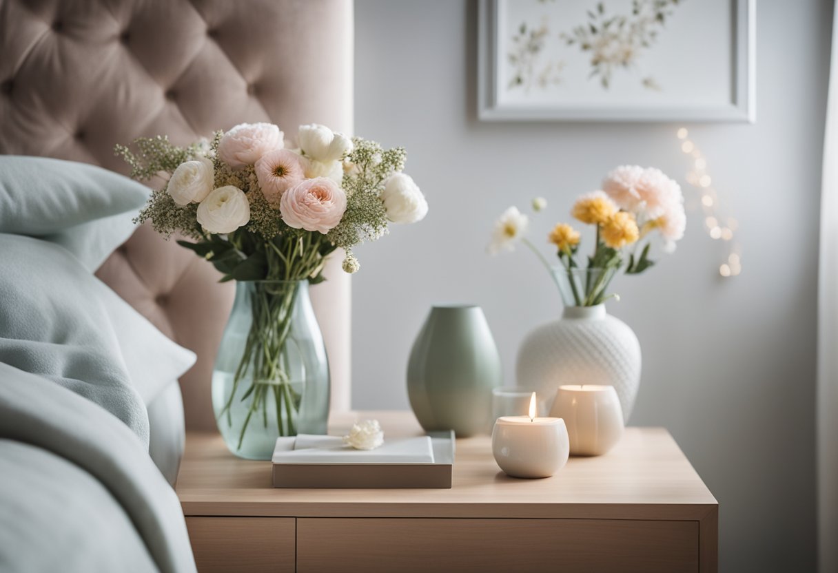 A cozy bedroom with a plush throw blanket draped over a tufted headboard. A vase of fresh flowers sits on a bedside table, complementing the soft pastel color scheme