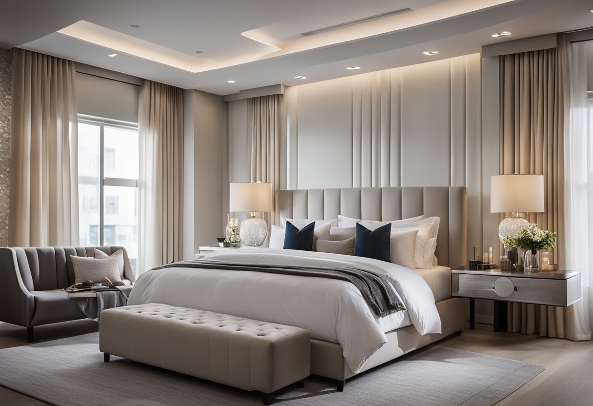 A modern bedroom with sleek furniture, soft lighting, and a neutral color palette. A large, plush bed with crisp white linens sits against a backdrop of textured wallpaper