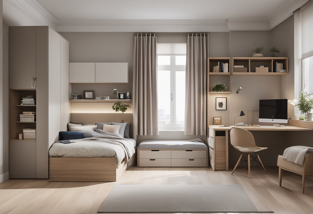A small bedroom with space-saving furniture, built-in storage, and a neutral color palette. The bed is positioned against the wall, with a small desk and chair in the corner