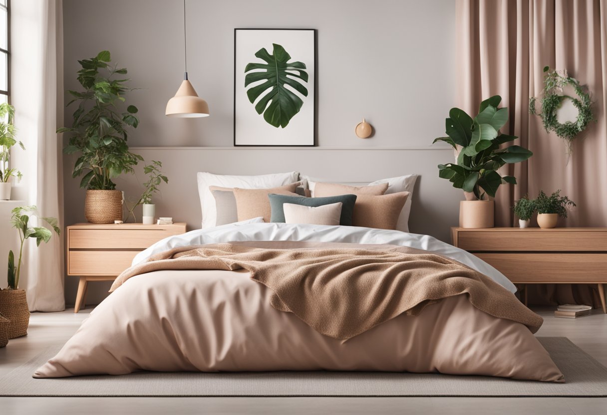 A cozy bedroom with modern furniture, soft pastel colors, and natural lighting. Decorative accents include plants, art pieces, and trendy textiles