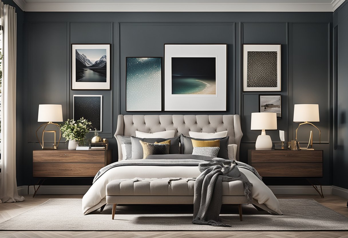 A cozy bedroom with a large bed, stylish nightstands, and a gallery wall of artwork. A plush rug and decorative pillows complete the inviting space