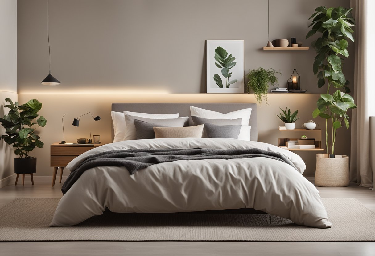 A cozy bedroom with neutral colors, natural light, and minimalistic furniture arrangement. A large, comfortable bed sits against a feature wall, with soft, textured bedding and throw pillows. A small desk and chair create a functional workspace, while potted plants