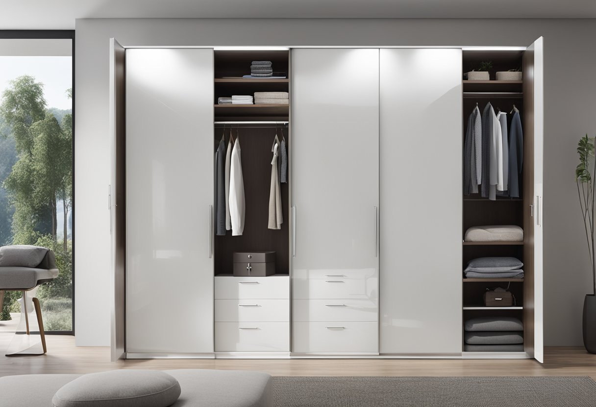 A sleek, modern wardrobe with glossy white finish and chrome handles, featuring sliding doors and internal shelves