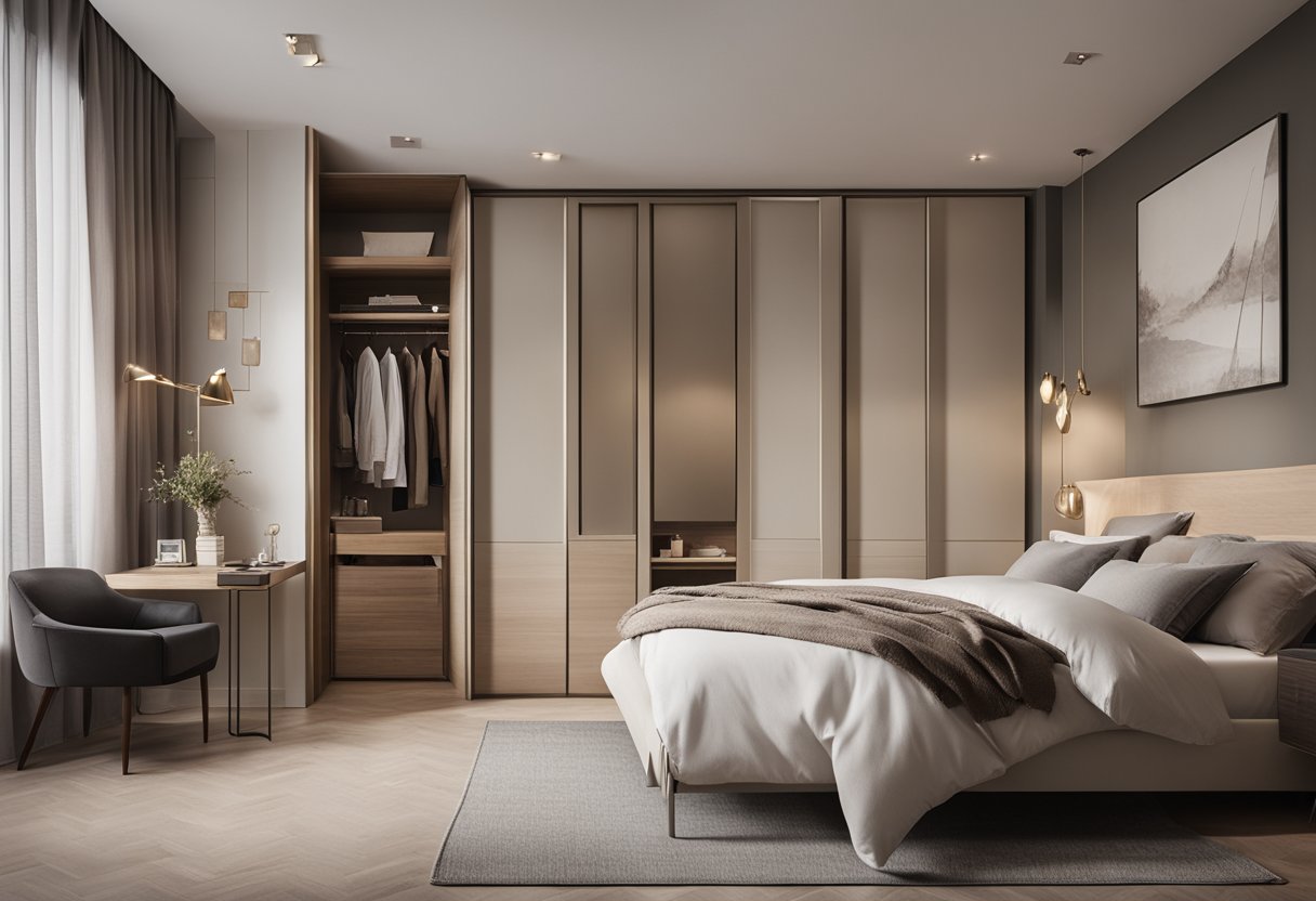 A bedroom with neutral wall colors, a cozy bed with layered bedding, a stylish bedside table, and a functional wardrobe with mirrored doors