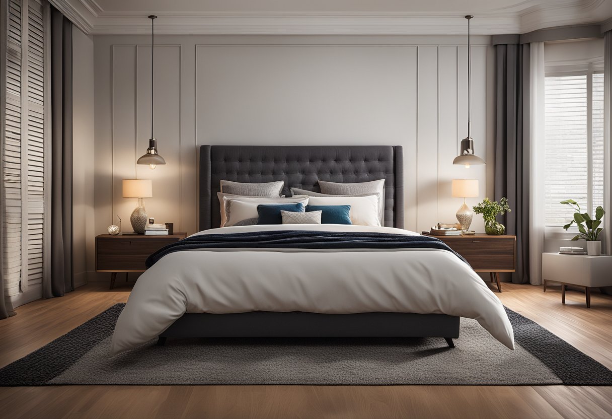 A cozy bed with fluffy pillows, a sleek nightstand with a stylish lamp, and a vibrant area rug on polished hardwood floors