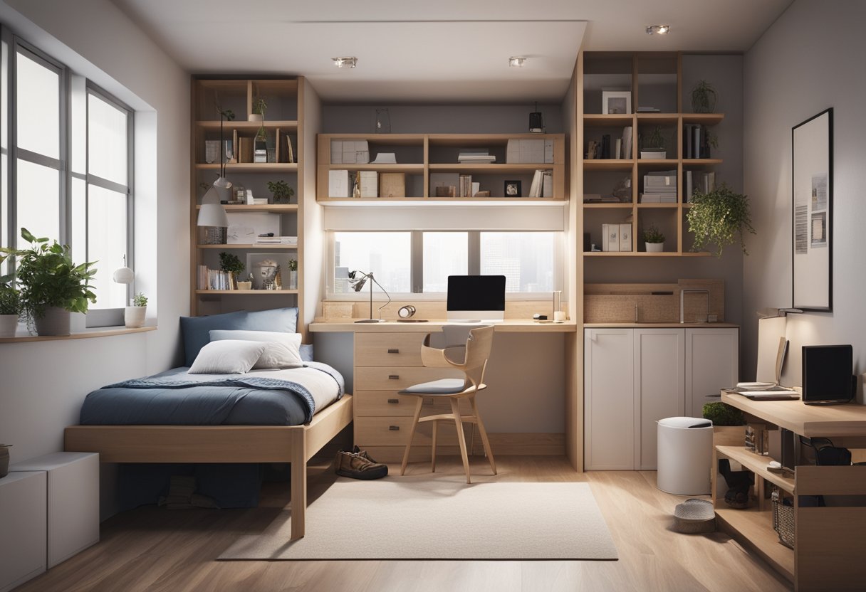The tiny bedroom is organized with a loft bed, compact desk, and storage bins. A clear flow is created with minimal furniture and open space