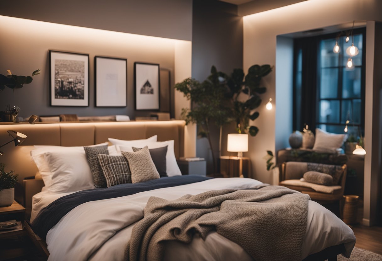 A cozy bedroom with a neatly made bed, personalized decor on the walls, and a comfortable reading nook with soft lighting