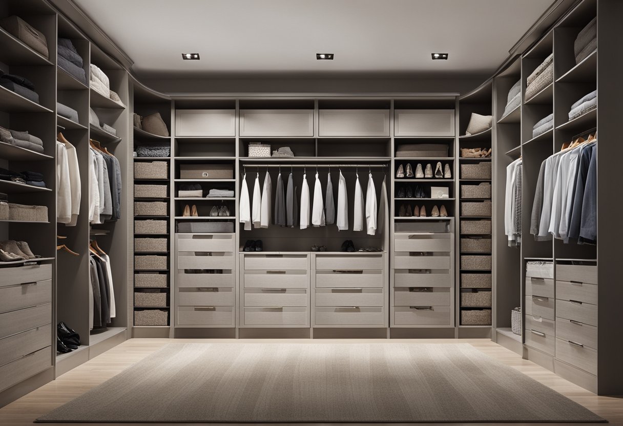 A spacious bedroom wardrobe with built-in shelves, drawers, and hanging rods. Neatly organized with labeled bins and baskets for easy storage