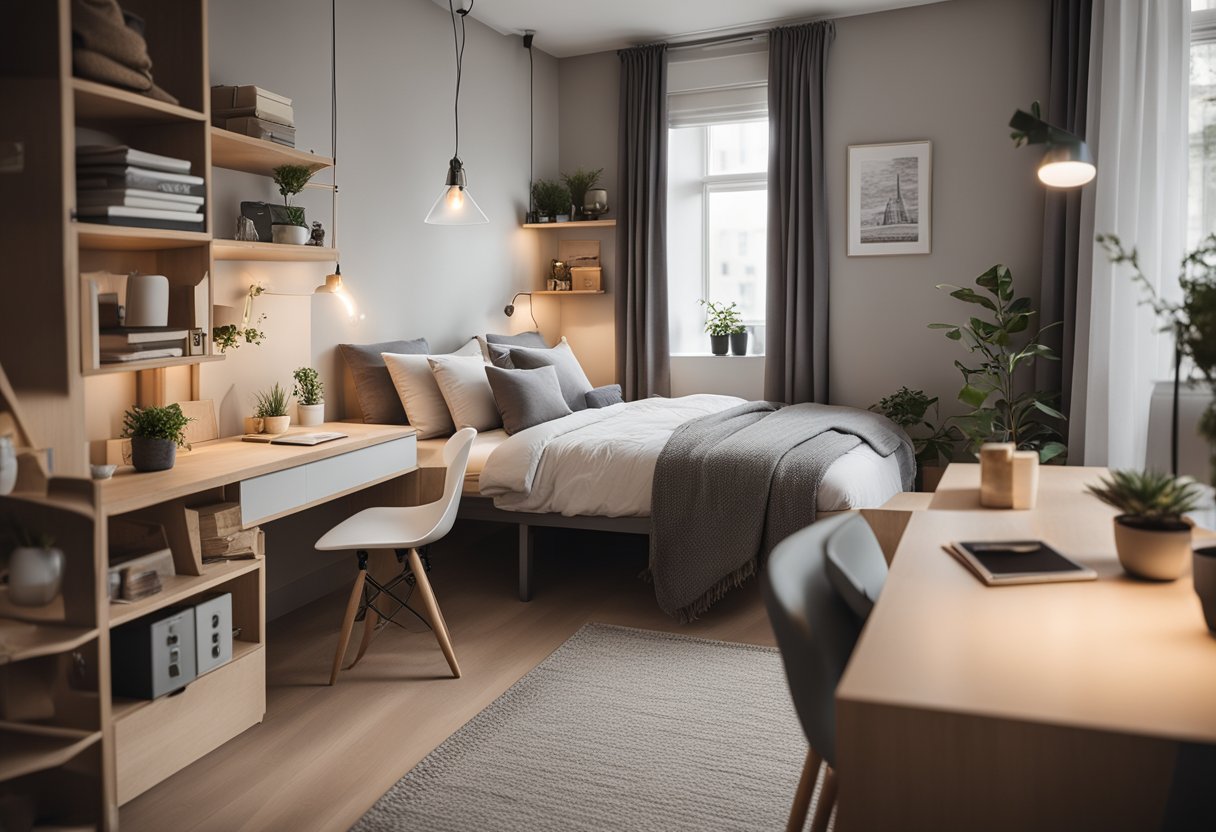 A cozy, clutter-free bedroom with a loft bed, foldable desk, and wall-mounted shelves. Soft lighting and neutral colors create a calming atmosphere