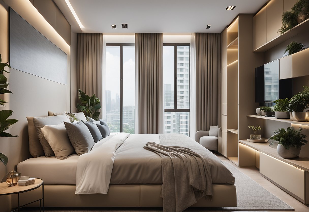 A cozy bedroom with modern HDB design, featuring sleek furniture and ample storage solutions. Soft, neutral tones create a calming atmosphere