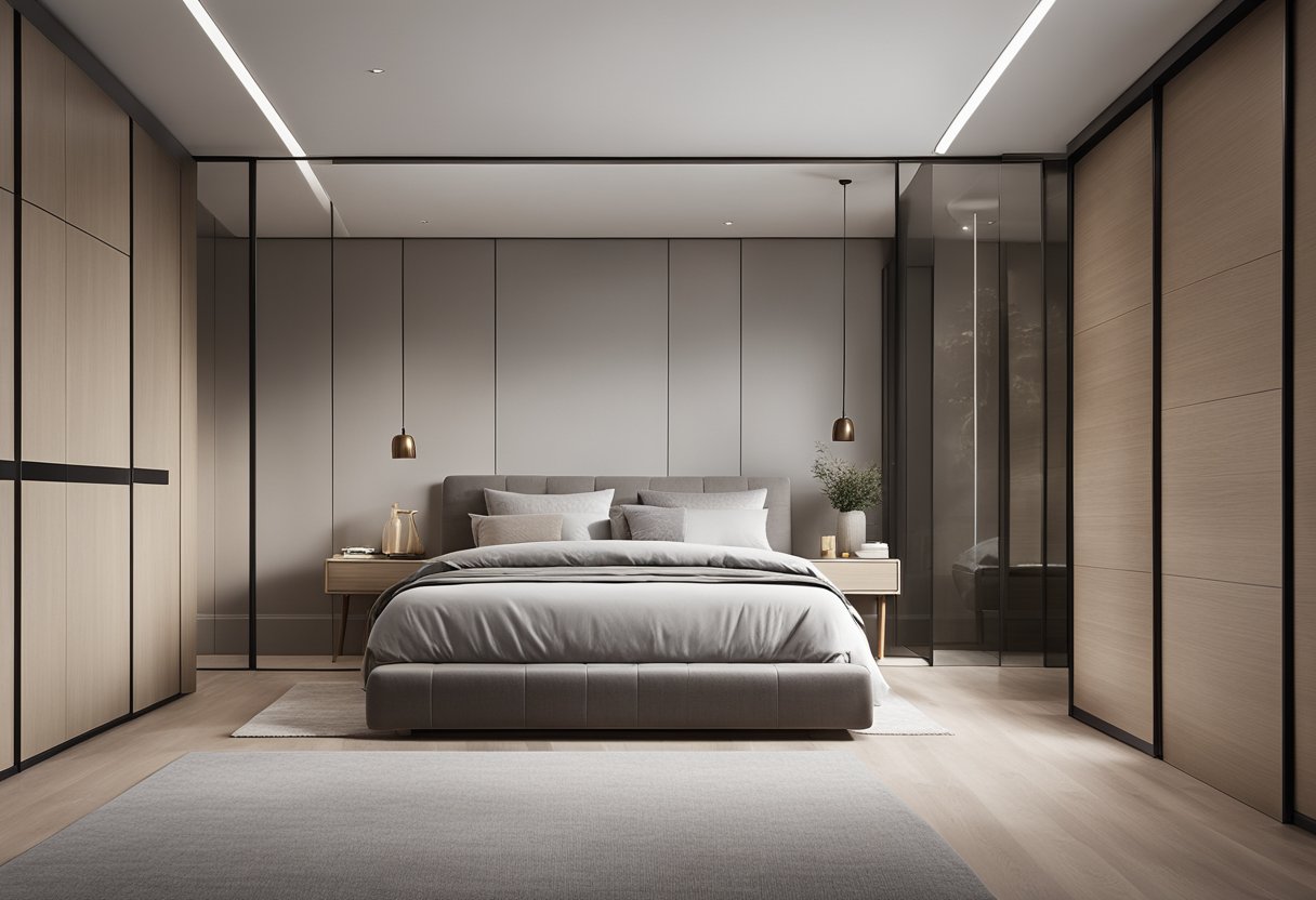 A modern bedroom with a sleek, built-in wardrobe featuring sliding doors and ample storage space. The wardrobe design is minimalist, with clean lines and a neutral color palette