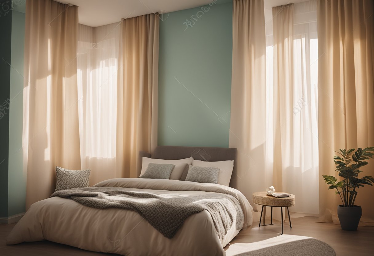 Soft, warm light filters through sheer curtains, casting gentle shadows on cozy furniture and pastel walls in a small, inviting bedroom