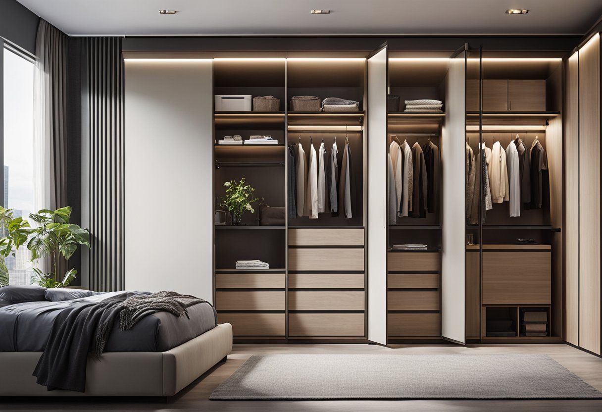 A modern bedroom wardrobe with sliding doors, built-in LED lighting, and customizable storage compartments