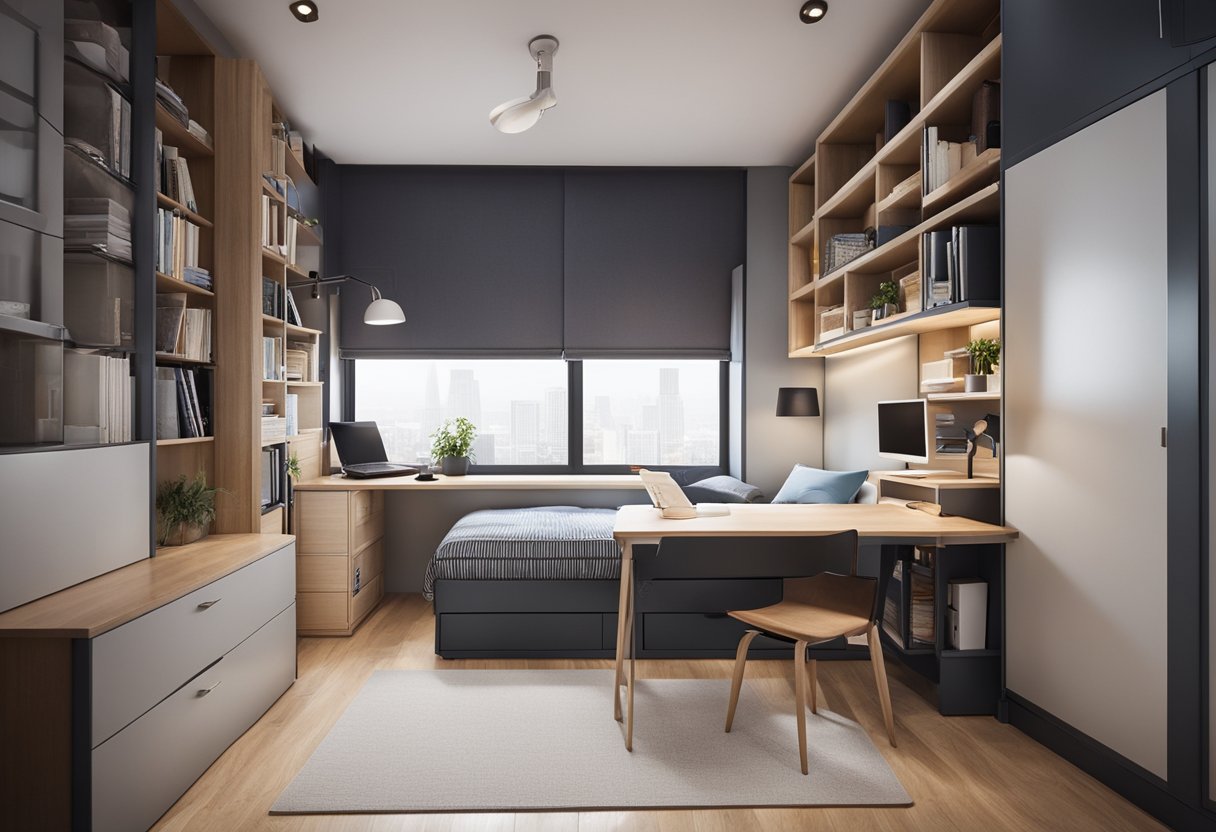 A compact bedroom with built-in storage solutions. A loft bed with a desk underneath, shelves and drawers, and a fold-down table for multi-functional use