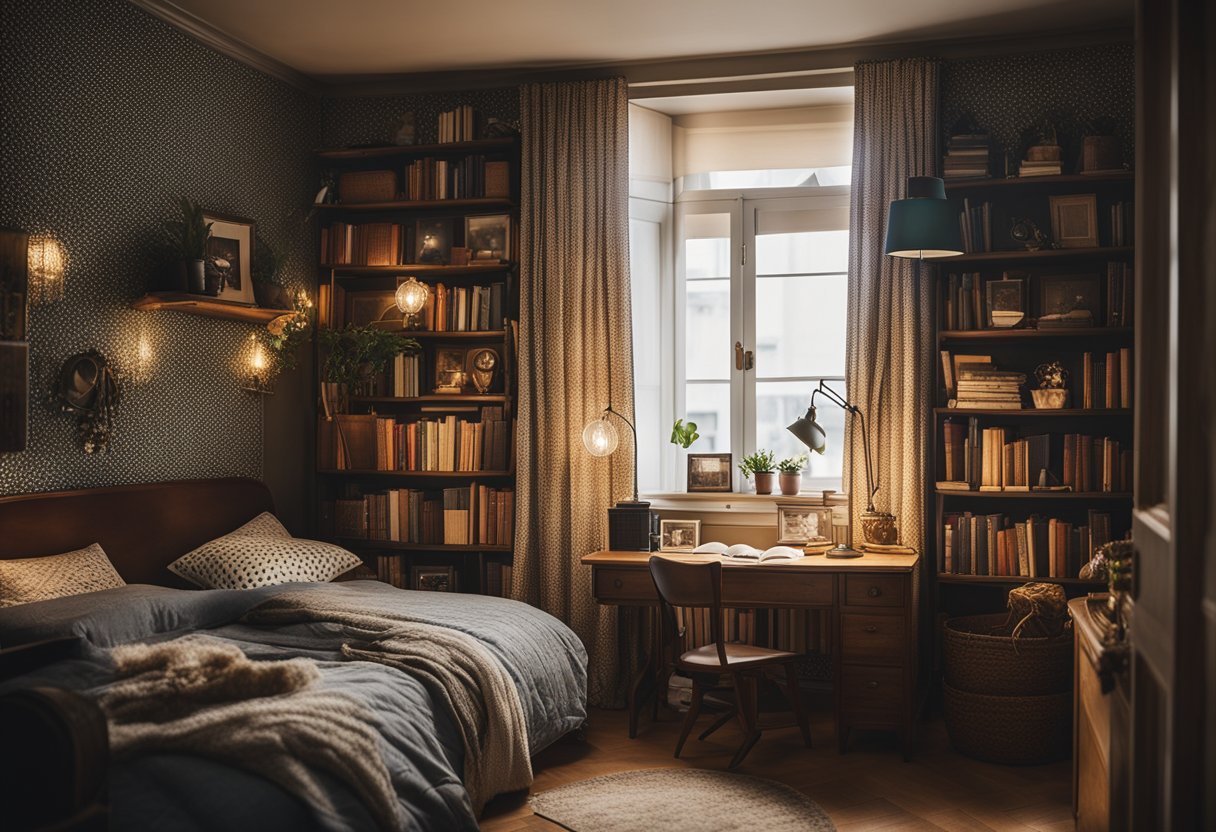 A cozy, cluttered bedroom with a small bed, patterned wallpaper, and shelves filled with books and trinkets. A desk with a vintage lamp and a window with billowing curtains completes the scene