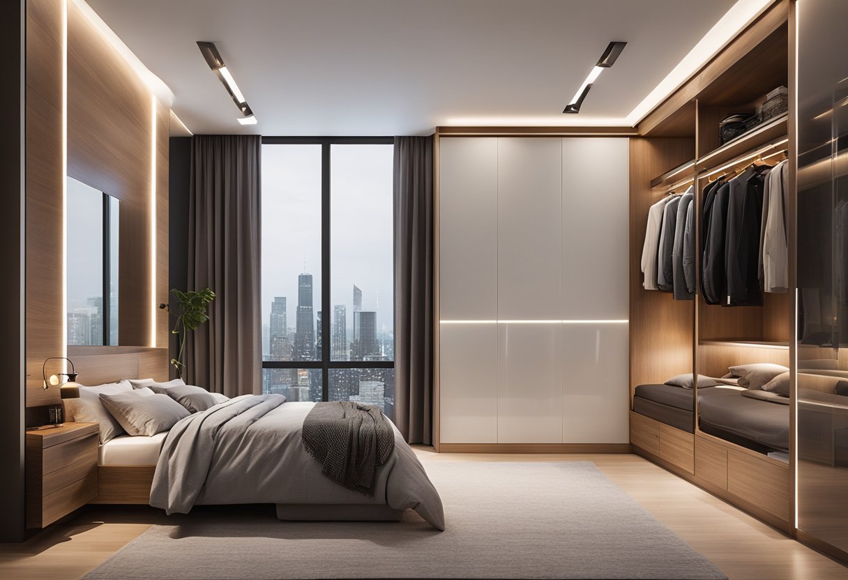 A modern bedroom with sleek, minimalist wardrobe design, featuring clean lines, integrated lighting, and natural wood accents